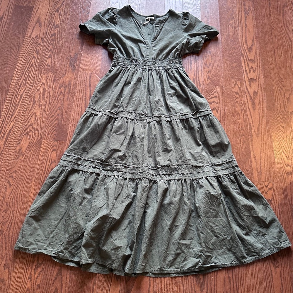Stitchdrop Olive Green Cotton Tiered Maxi Dress V-Neck Smocked Waist XL